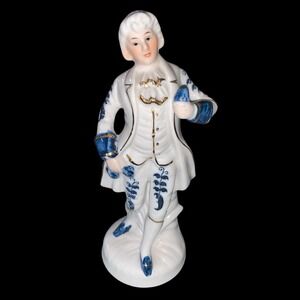 Vintage Porcelain Figurine Victorian Style Blue White Man Vintage 6.5 In 1950s